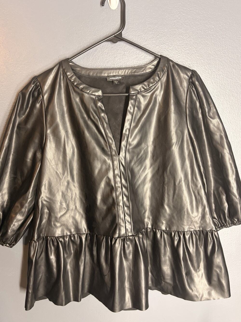 Mittoshop Black Faux Leather Puff Sleeve Peplum Blouse - Women's Size Large.